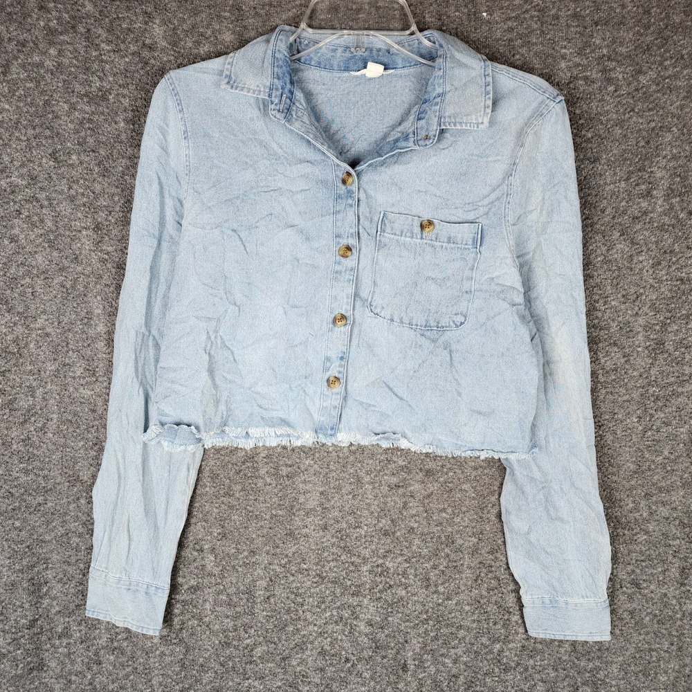 Aeropostale Shirt Womens XS Cropped Light Blue Raw Hem Button Down EUC